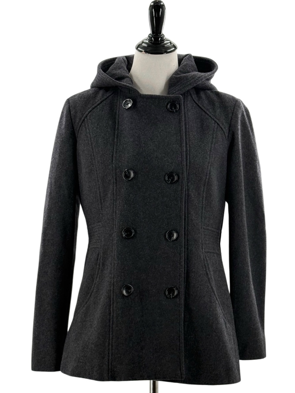 Anne Klein Sport Wool Blend Charcoal Gray Hooded Double Breasted Pea Coat